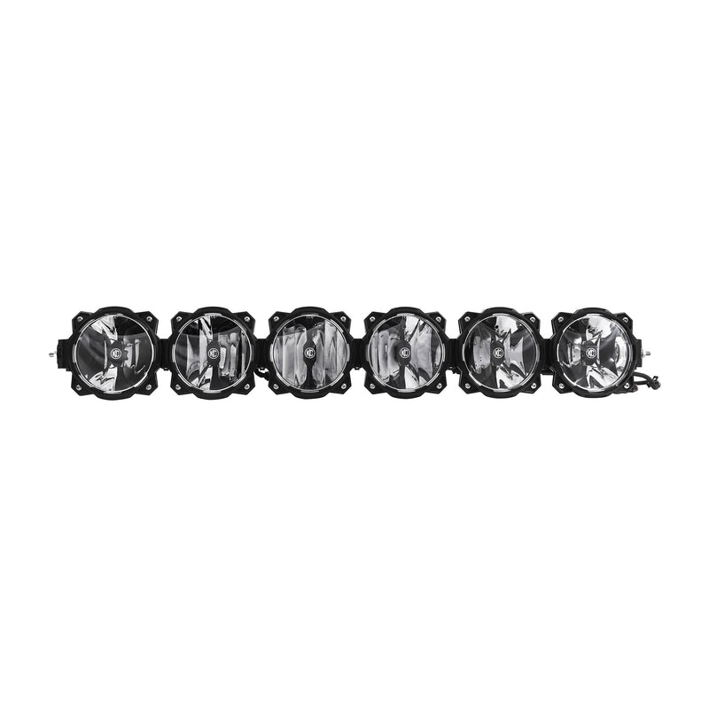 KC HiLiTES Gravity Pro6 LED Light Bar on a studio background: six-light black LED light bar with round clear lenses on a white background