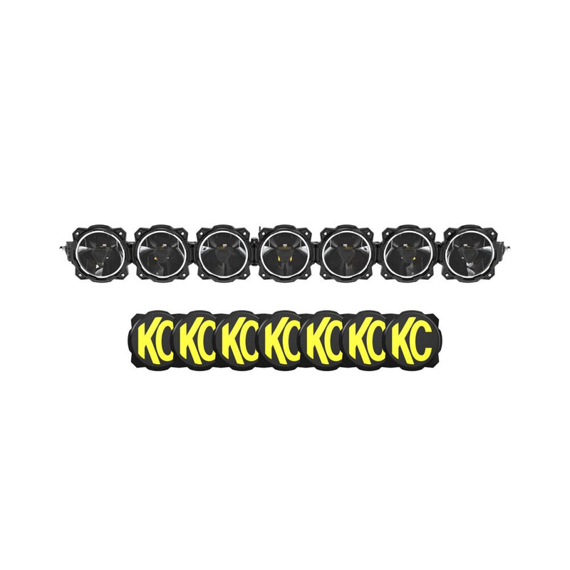 KC HiLiTES Gravity Titan 45" 7-Light Bumper LED Light Bar on a studio background: black seven light round LED light bar shown above a row of seven black and yellow KC covers on a white background