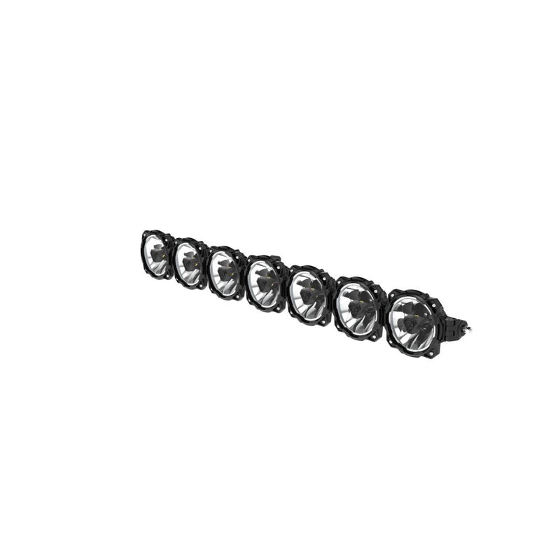 KC HiLiTES Gravity Titan 45" 7-Light Bumper LED Light Bar on a studio background: black seven light round LED light bar with clear lenses and ring lights, angled front view on a white background