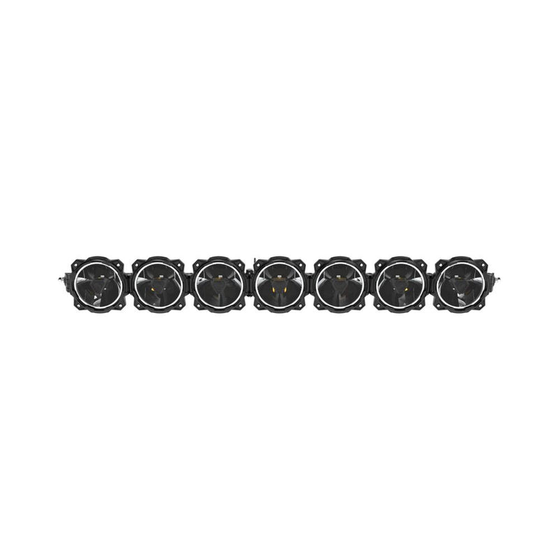 KC HiLiTES Gravity Titan 45" 7-Light Bumper LED Light Bar on a studio background: straight front view of a black seven light round LED light bar with clear lenses on a white background