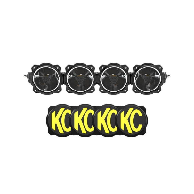 KC HiLiTES Gravity Titan LED Light Bar on a studio background: four-light round LED light bar shown above a row of four black light covers with yellow KC logos on a white background
