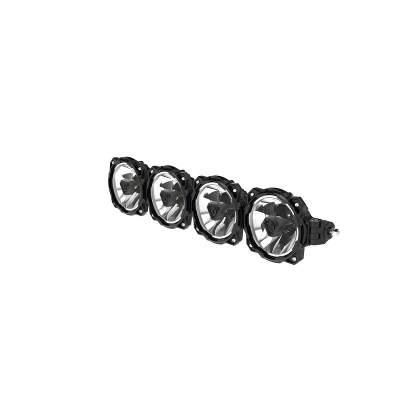 KC HiLiTES Gravity Titan LED Light Bar on a studio background: four round LED lights joined in a black light bar, angled front view showing chrome reflectors