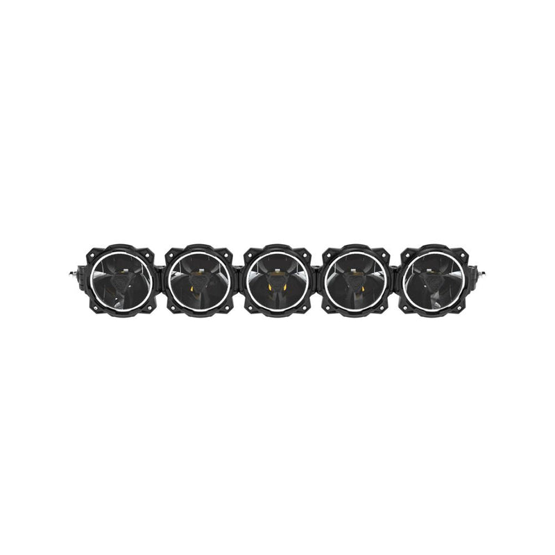 KC HiLiTES Gravity Titan LED Light Bar on a studio background: front view of a five-light black LED light bar with halo rings on a white background