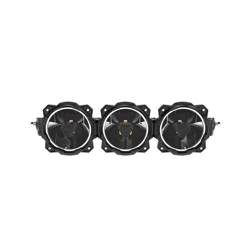 KC HiLiTES Gravity Titan LED Light Bar on a studio background: front view of a three-light black LED light bar with halo rings on a white background
