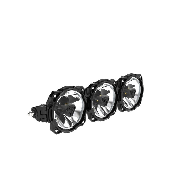 KC HiLiTES Gravity Titan LED Light Bar on a studio background: three-light round LED light bar with clear lenses and black housings, angled view on a white background