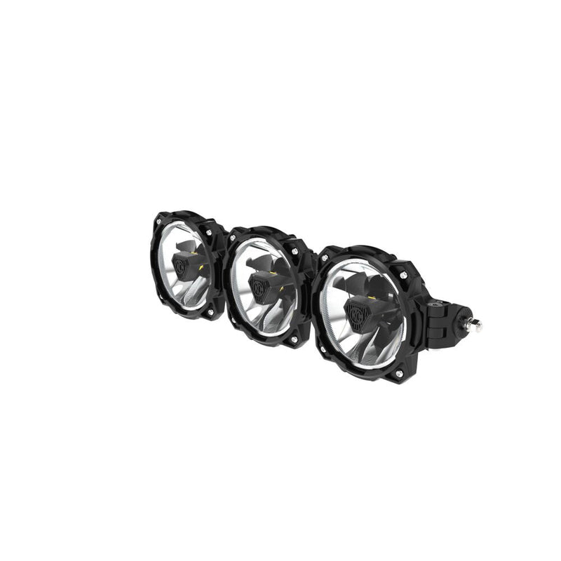 KC HiLiTES Gravity Titan LED Light Bar on a studio background: three round LED lights joined in a black light bar, angled front view showing chrome reflectors