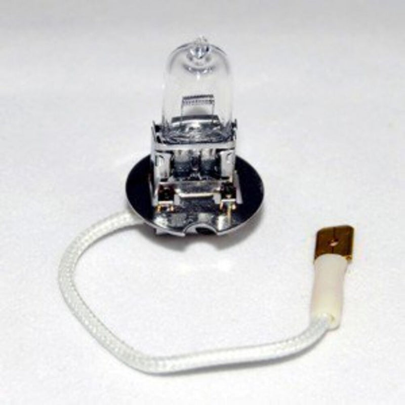 KC HiLiTES Halogen Replacement Bulb on a studio background: clear H3 halogen bulb with a braided lead wire and spade terminal on a white background