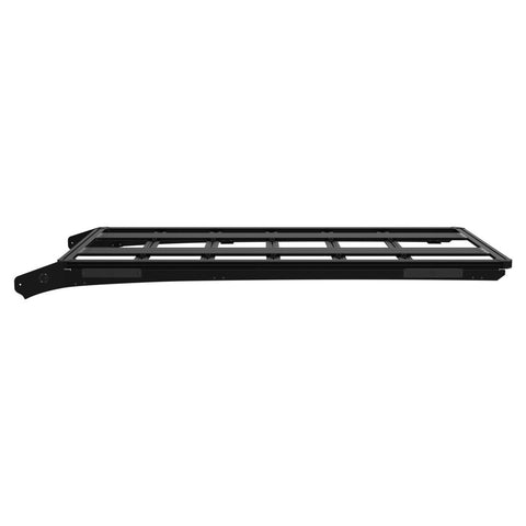 KC HiLiTES Platform One Roof Rack on a studio background: black aluminum KC Platform One roof rack with slotted crossbars and side mounting brackets, low side view on a white background