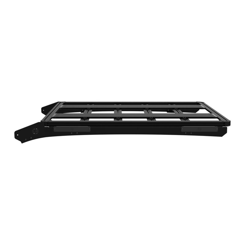 KC HiLiTES Platform One Roof Rack on a studio background: black aluminum KC Platform One roof rack with slotted crossbars and side mounting brackets, low side view on a white background