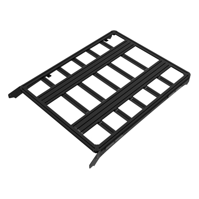 KC HiLiTES Platform One Roof Rack on a studio background: black Platform One roof rack seen from above at an angle on a white background