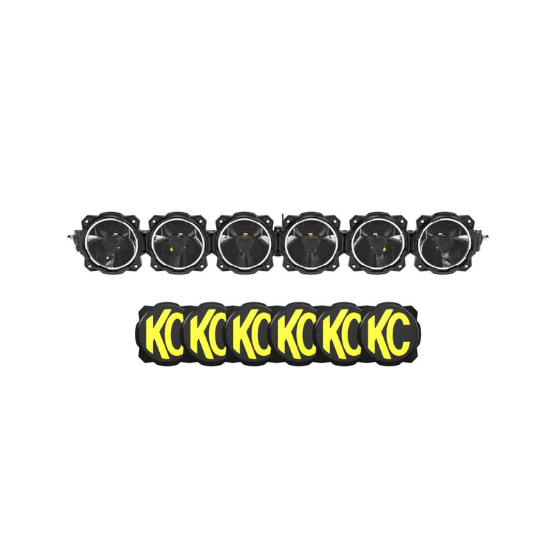 KC HiLiTES Gravity Titan 39" six-light LED bar above its six black and yellow KC covers, on white