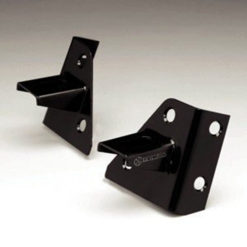 KC HiLiTES Windshield Hinge Light Mount Brackets on a studio background: pair of black windshield pillar light mounting brackets on a gray studio background