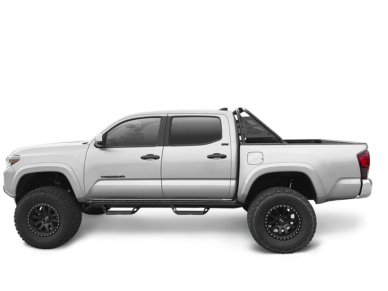 N-Fab ARC sports bar in textured black, side profile, installed behind the cab, shown with nerf steps (not included), on a Toyota Tacoma