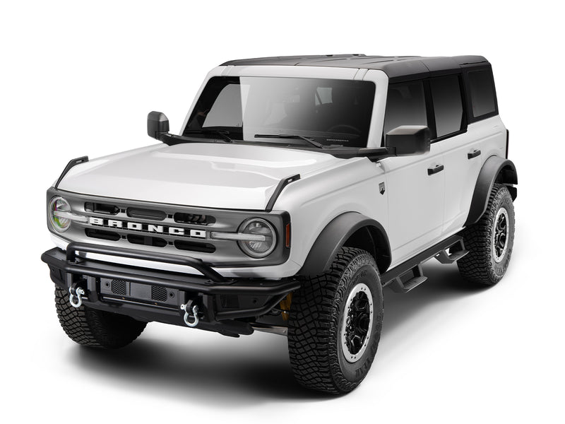N-Fab EpYx nerf steps in textured black, front three-quarter view, shown with a front bumper (not included), on a Ford Bronco