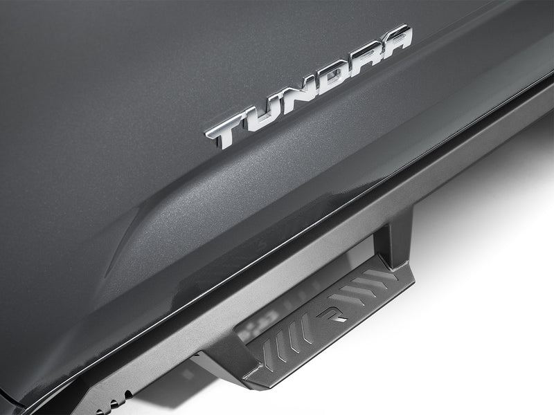N-Fab EpYx nerf steps in textured black, close view, installed along the rocker