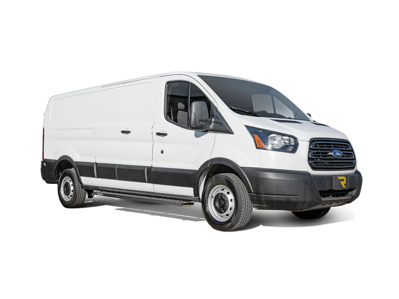 N-Fab Growler Fleet side steps in textured black, complete unit on white, on a Ford Transit