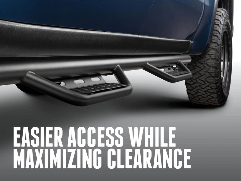 N-Fab Nerf Step RS bar along a blue rocker, captioned Easier access while maximizing clearance