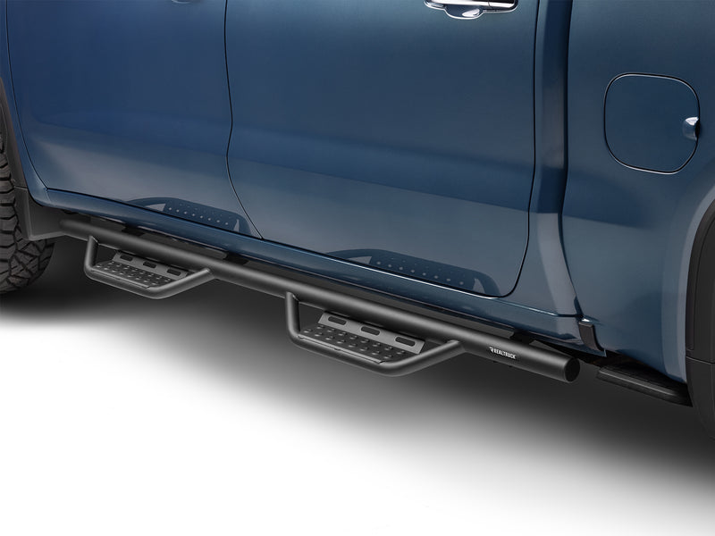 N-Fab Nerf Step RS step bars in textured black, side profile, installed along the rocker