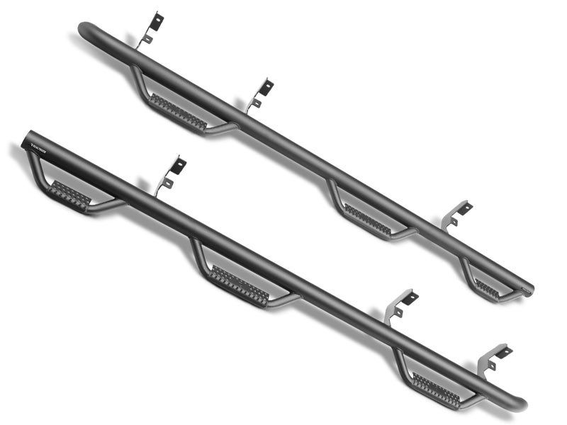 N-Fab wheel to wheel nerf step bars in textured black, bed access version with three steps per side, pair on white