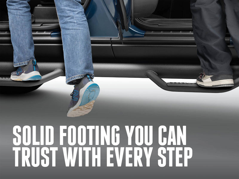 Two people stepping on N-Fab hoop steps below the doors, captioned Solid footing you can trust with every step