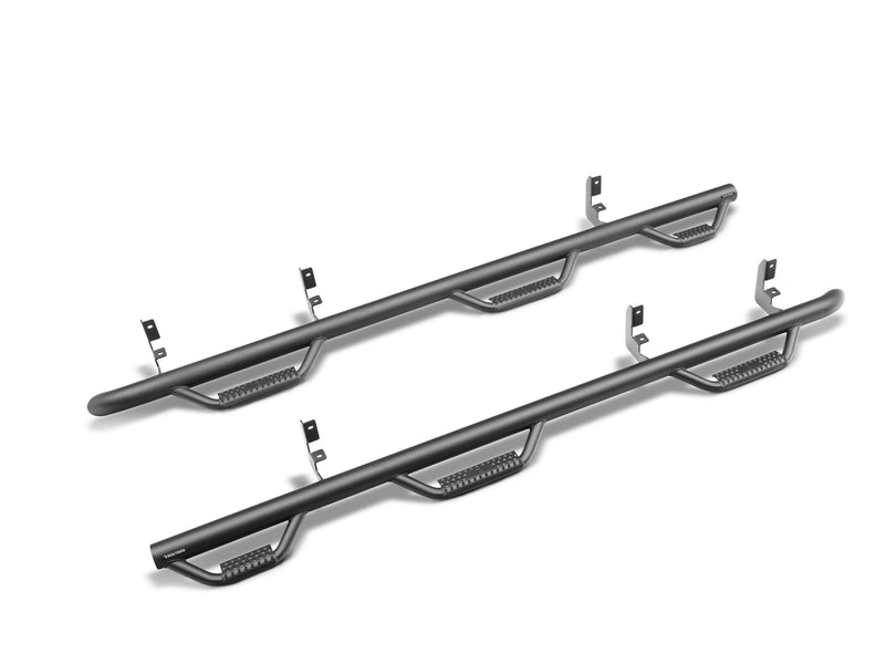 N-Fab wheel to wheel nerf step bars in textured black, pair on white, shown in the bed access version with three steps per side (step count varies by vehicle)