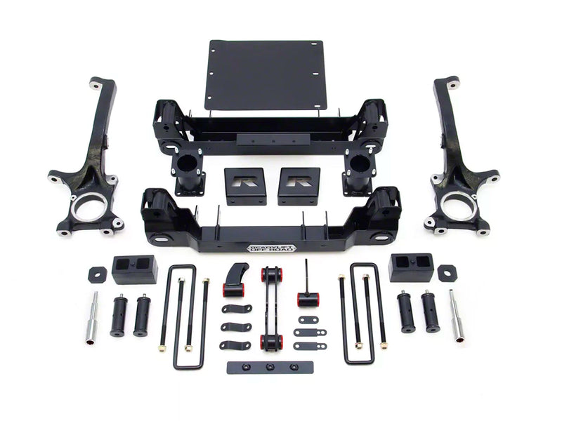 ReadyLIFT 6" Lift Kit, full kit on a studio background: crossmembers, ductile iron knuckles, strut extensions, skid plate and rear blocks