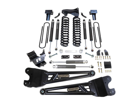 ReadyLIFT 4" Coil Spring Lift Kit With Falcon 1.1 Shocks and Radius Arms, full kit on a studio background: radius arms, coil springs, Falcon 1.1 shocks, steering stabilizer and rear blocks