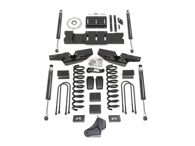 ReadyLIFT lift kit laid out on white: coil springs, radius arm drop brackets, crossmember, shocks, blocks and U-bolts