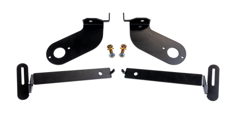 ReadyLIFT Auto-Leveling Headlight 3.5"-6" Lift Bracket Kit, full kit on a studio background: two black headlight leveling brackets, two slotted links and two bolts on a black background
