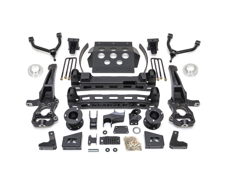 ReadyLIFT Big Lift Kit, full kit on a studio background: ReadyLIFT GM 1500 lift kit with upper control arms, knuckles, crossmembers, skid plate, spacers and hardware on white