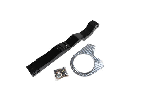 ReadyLIFT Big Lift Transfer Case Clock Ring, full kit on a studio background: A black crossmember, a machined aluminum transfer case clock ring and a hardware bag on white