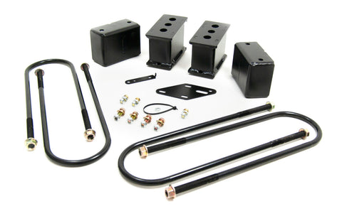 ReadyLIFT Block Kit, full kit on a studio background: black rear lift blocks, U-bolts, bracket and hardware on white