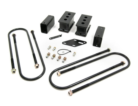 ReadyLIFT Block Kit, full kit on a studio background: black rear lift blocks, U-bolts, brackets and hardware on white