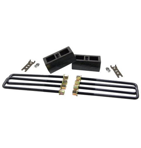 ReadyLIFT Block Kit, full kit on a studio background: two black 2" rear lift blocks with four square U-bolts, gold nuts and two small brackets on white