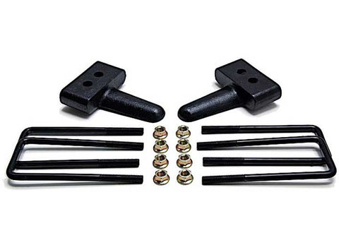 ReadyLIFT Block Kit, full kit on a studio background: two black OEM-style rear lift blocks with four square black U-bolts and gold nuts on white