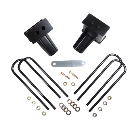 ReadyLIFT Block Kit, full kit on a studio background: two black rear blocks with U-bolts, a plate and nuts on a black background