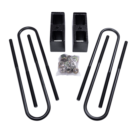 ReadyLIFT Block Kit, full kit on a studio background: two tall black rear blocks with U-bolts and bagged hardware on a black background