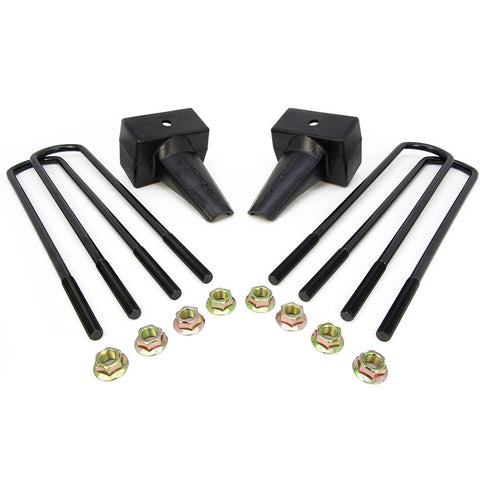ReadyLIFT Block Kit, full kit on a studio background: two tapered black rear blocks with four U-bolts and nuts on white