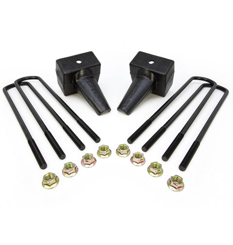 ReadyLIFT Block Kit, full kit on a studio background: two tapered black rear blocks with four U-bolts and flange nuts on white