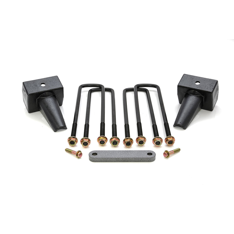ReadyLIFT Block Kit, full kit on a studio background: two tapered black rear blocks with four U-bolts, nuts and a plate on white