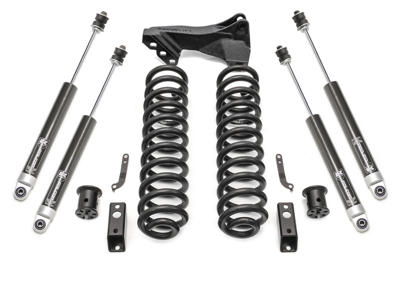 ReadyLIFT Coil Spring Front Lift Kit, full kit on a studio background: coil springs with track bar bracket, four gray Falcon shocks and hardware on white