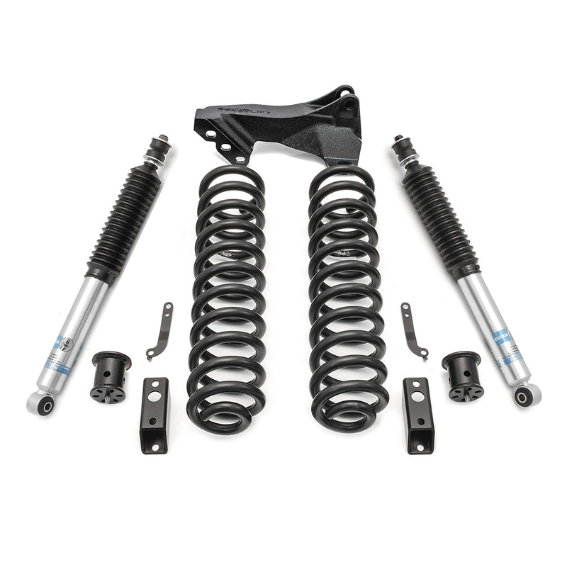 ReadyLIFT Coil Spring Front Lift Kit, full kit on a studio background: coil springs with track bar bracket, two Bilstein shocks and hardware on white