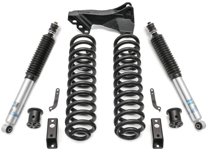 ReadyLIFT Coil Spring Front Lift Kit, full kit on a studio background: coil springs with track bar bracket, two Bilstein shocks and hardware on white