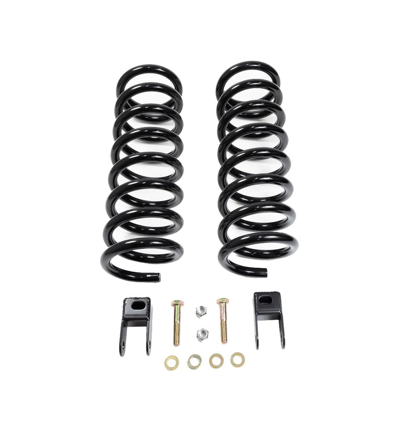 ReadyLIFT Coil Spring Leveling Kit, full kit on a studio background: pair of black coil springs with two shock extension brackets and bolts on white