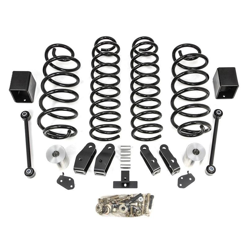 ReadyLIFT Coil Spring Lift Kit, full kit on a studio background: four black coil springs, aluminum bump stop spacers, brackets, links and a hardware bag on white