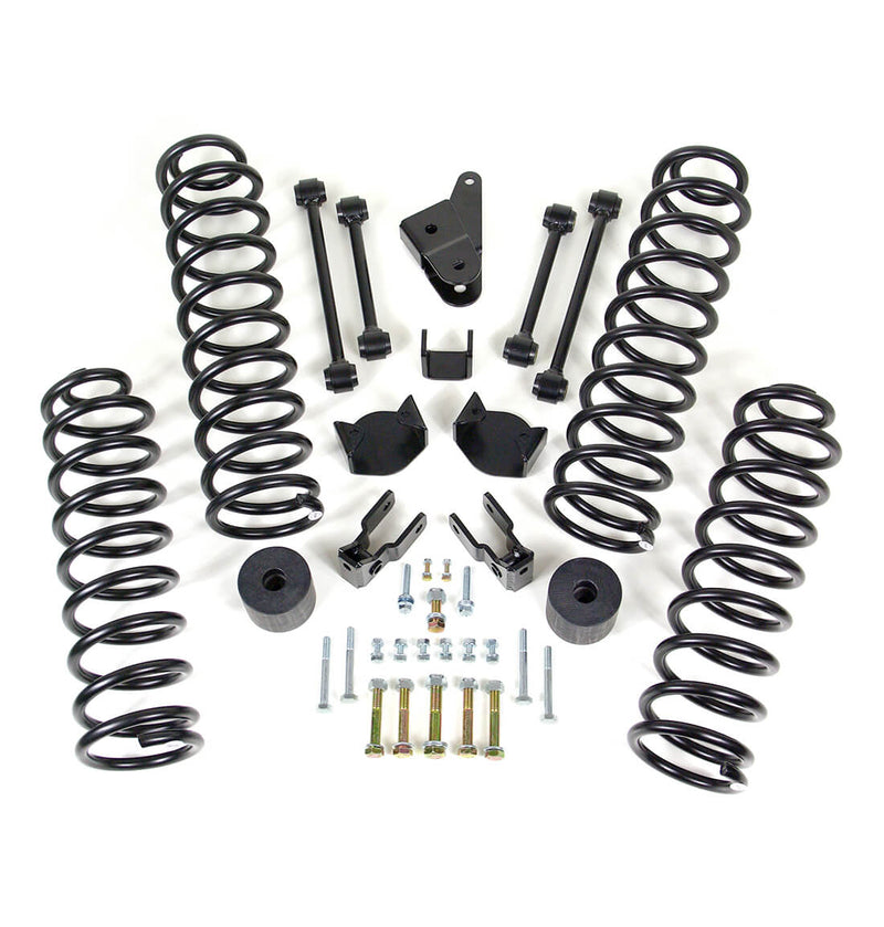 ReadyLIFT Coil Spring Lift Kit, full kit on a studio background: four black coil springs, brackets, bump stop spacers, links and bolts on white