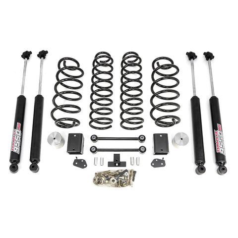 ReadyLIFT Coil Spring Lift Kit, full kit on a studio background: four black coil springs, four black TeraFlex 9550 shocks, bump stop spacers, brackets and links on white