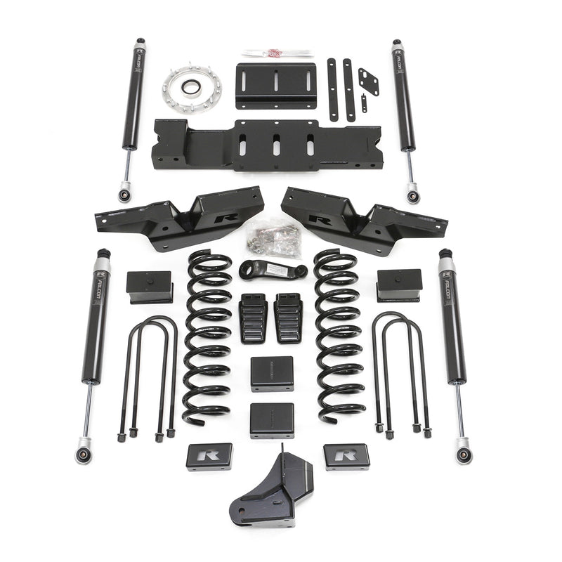 ReadyLIFT Coil Spring Lift Kit, full kit on a studio background: ReadyLIFT Ram 3500 kit with crossmember, radius arm brackets, coil springs, blocks, U-bolts and Falcon shocks on white