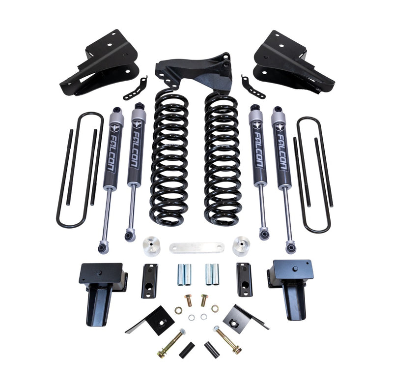 ReadyLIFT Coil Spring Lift Kit, full kit on a studio background: ReadyLIFT Super Duty kit with coil springs, brackets, four Falcon shocks, blocks, U-bolts and hardware on white