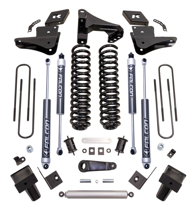 ReadyLIFT Coil Spring Lift Kit, full kit on a studio background: ReadyLIFT Super Duty kit with coil springs, brackets, four Falcon shocks, stabilizer, blocks and U-bolts on white